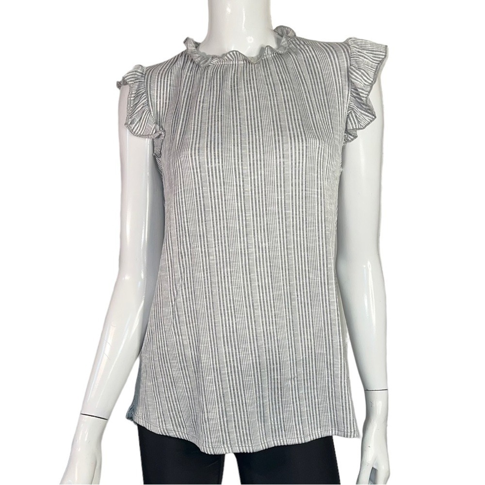 8Vft Grey White Striped Ruffle Mock Neck Flutter Sleeve Top